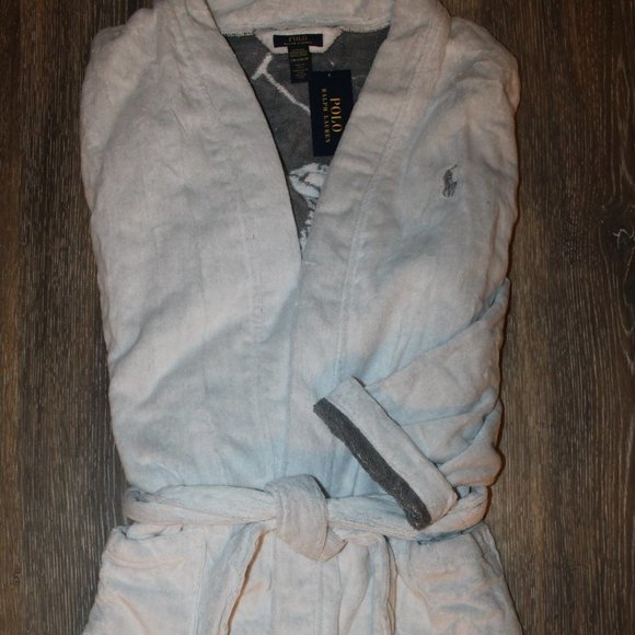 NWT MEN'S POLO RALPH LAUREN BIG‎ PONY VELOUR PLUSH BATH ROBE WHITE GRAY - Picture 8 of 8